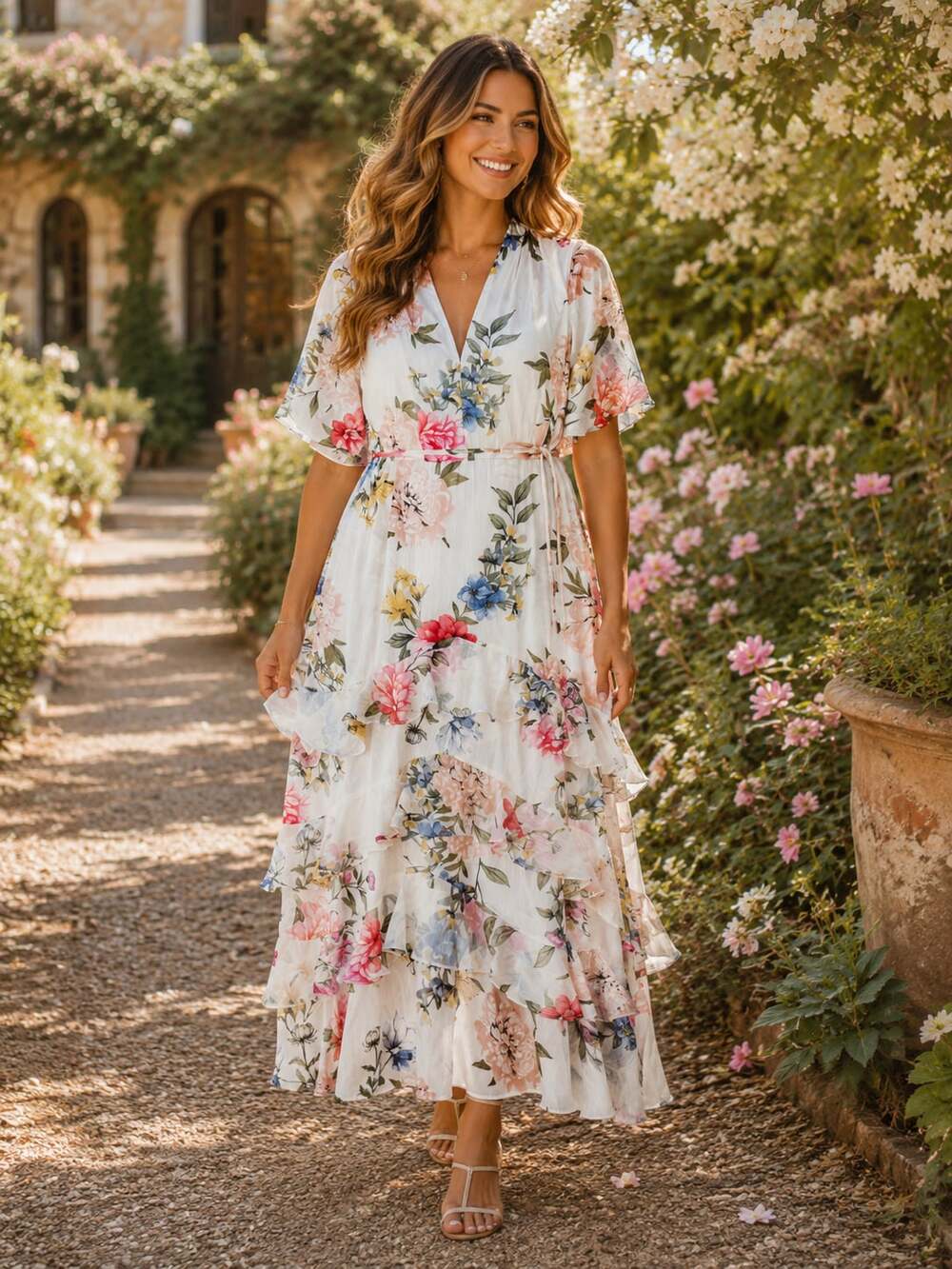 Melonie T Women’s Floral Wrap Maxi Dress V Neck Flutter Sleeve Tiered Size 4